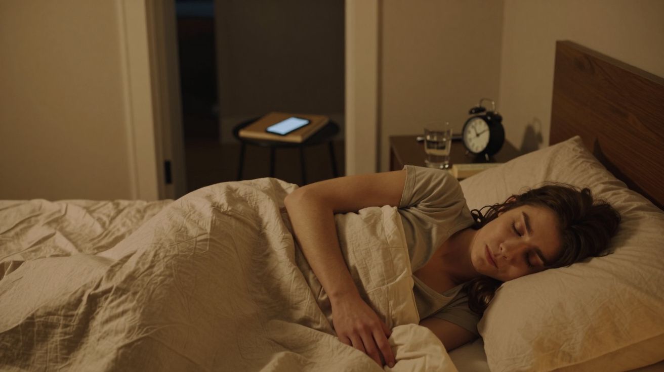 Mulher a dormir de lado numa cama com roupa de cama bege, relógio e copo de água na mesa de cabeceira.