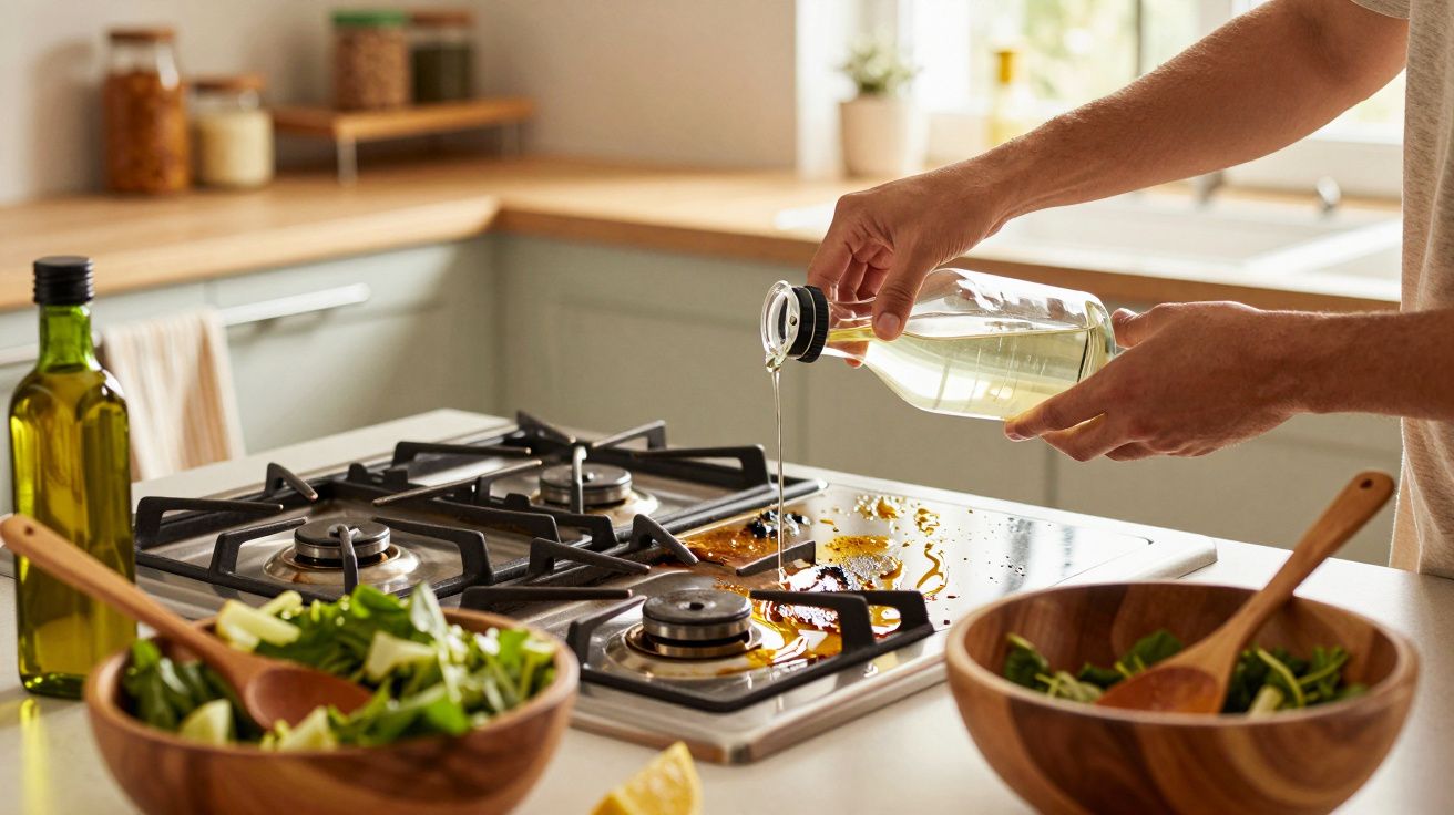 Mãos a despejar óleo numa placa de fogão, com duas taças de madeira cheias de salada na bancada da cozinha.