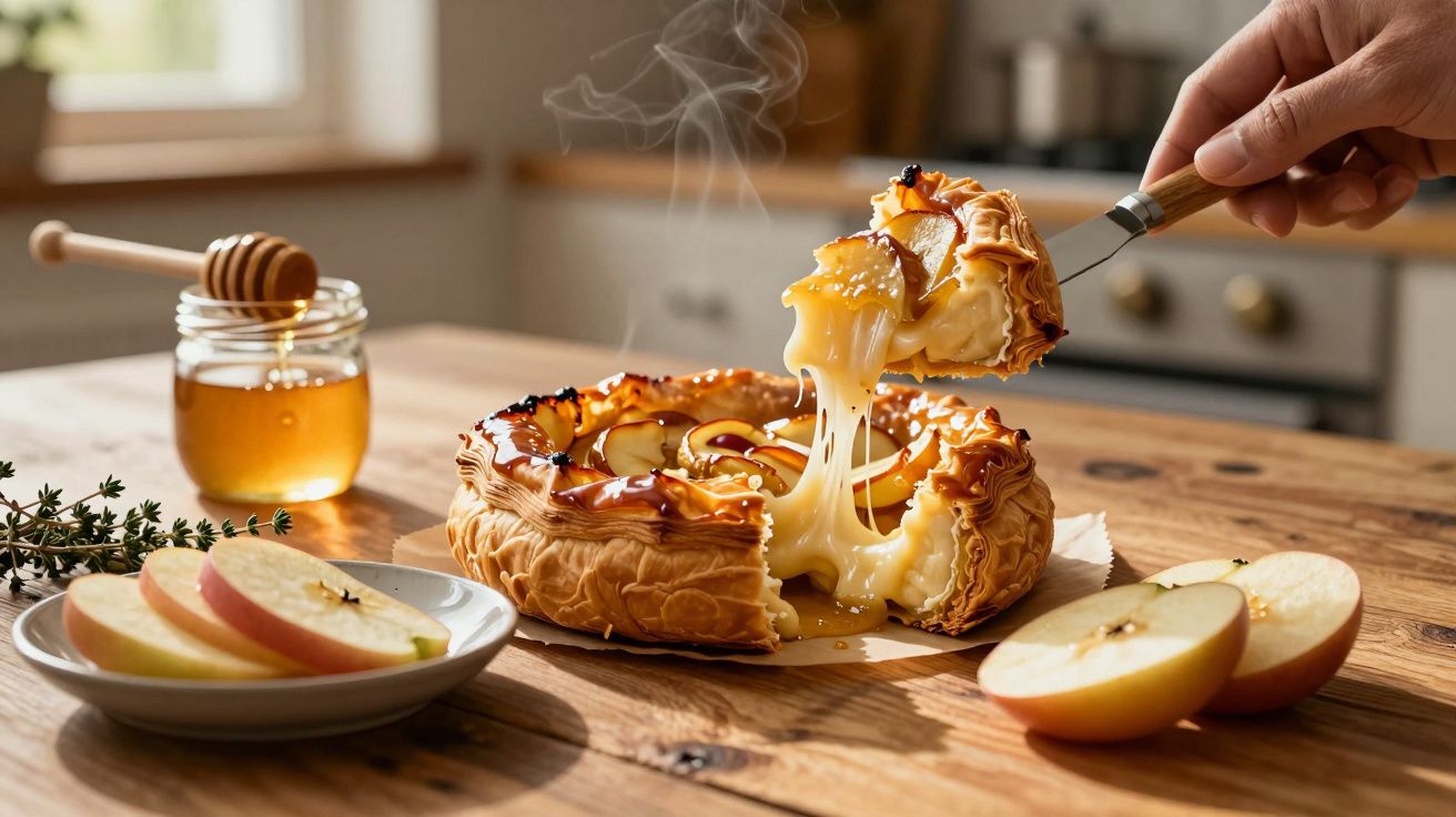 Tarte de maçã com massa folhada, recheio cremoso e derretido, servida numa cozinha rústica iluminada.