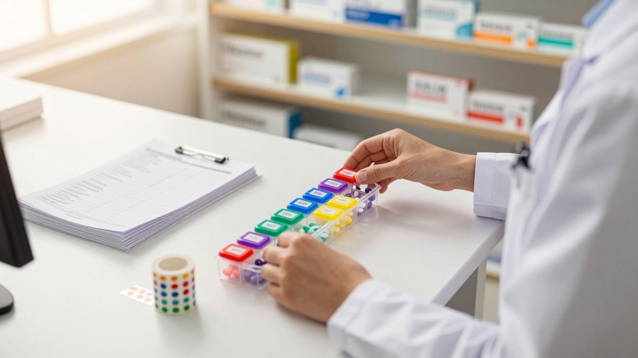 Pessoa a organizar comprimidos coloridos numa caixa semanal de medicamentos num consultório médico.