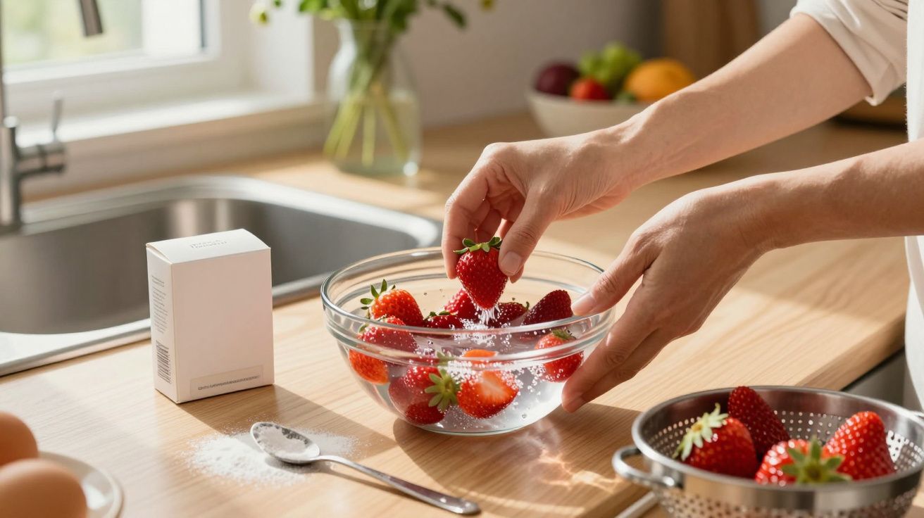 Mãos a polvilhar morangos com açúcar num prato de vidro numa cozinha iluminada por luz natural.