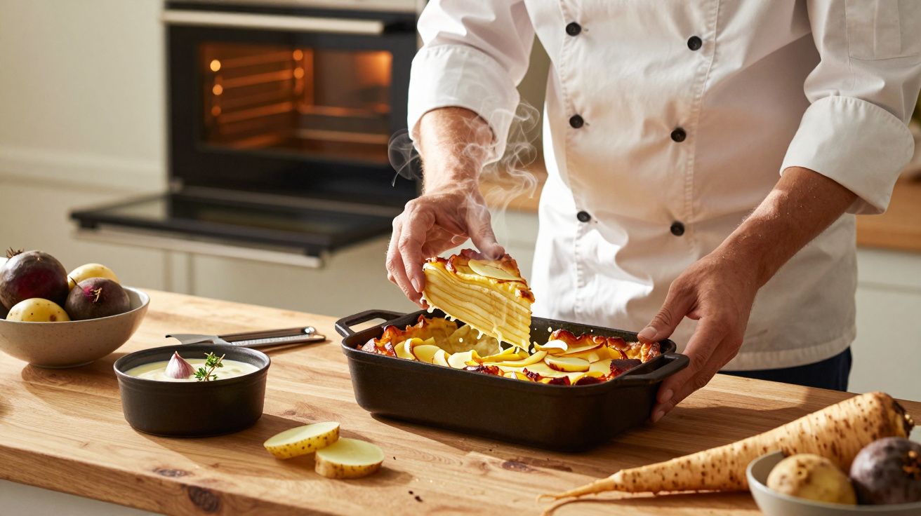 Chef retira uma fatia de batata gratinada, com vapor, enquanto está numa cozinha moderna.