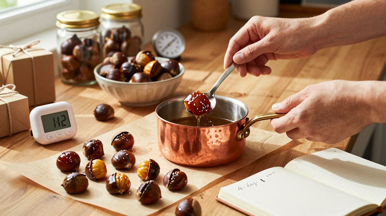 Mãos a mergulhar castanhas no caramelo numa panela de cobre, com castanhas e ingredientes na mesa de madeira.