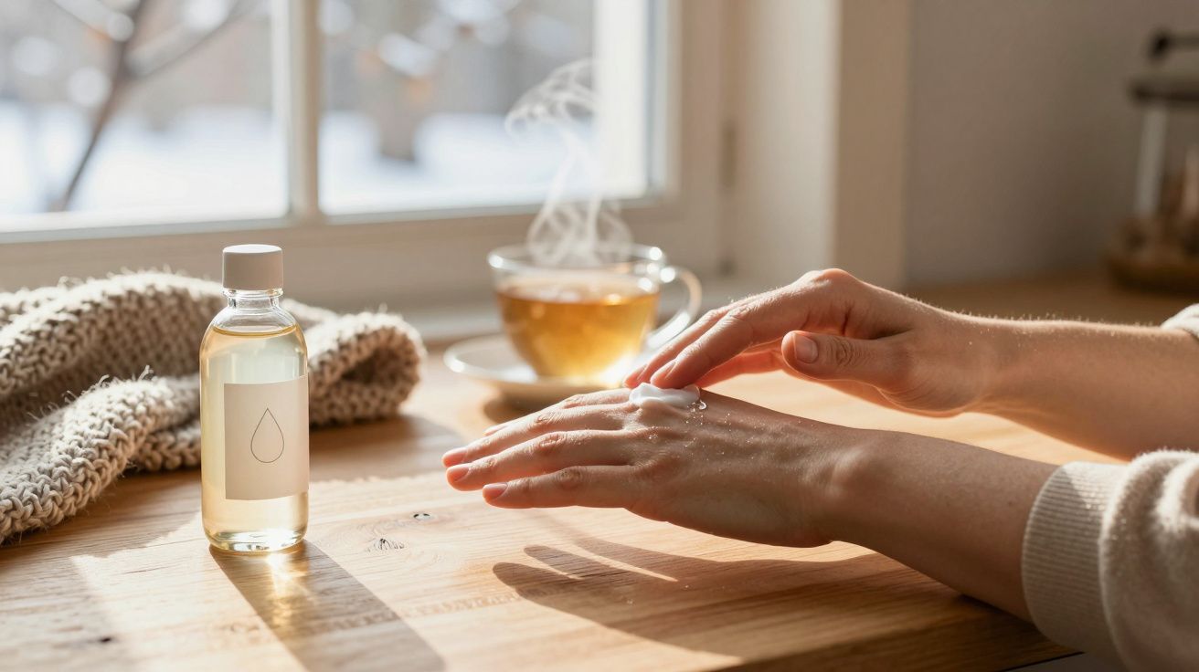 Mãos femininas a aplicar creme hidratante numa mesa de madeira com chá quente e toalha ao fundo.