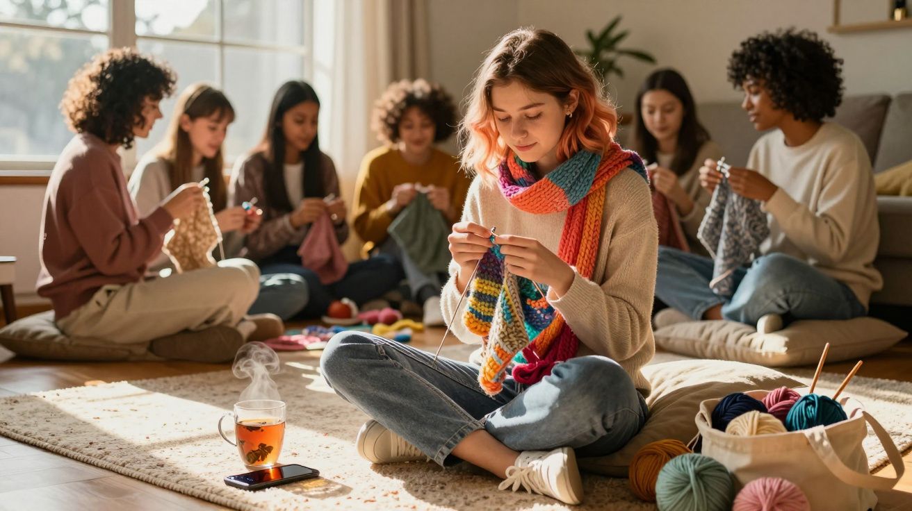 Grupo de jovens sentadas em círculo a tricotar numa sala iluminada e acolhedora.