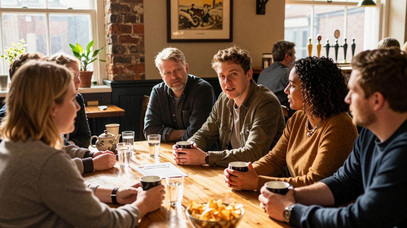 Grupo de seis pessoas a conversar e beber café numa mesa de madeira numa ambiente acolhedor.