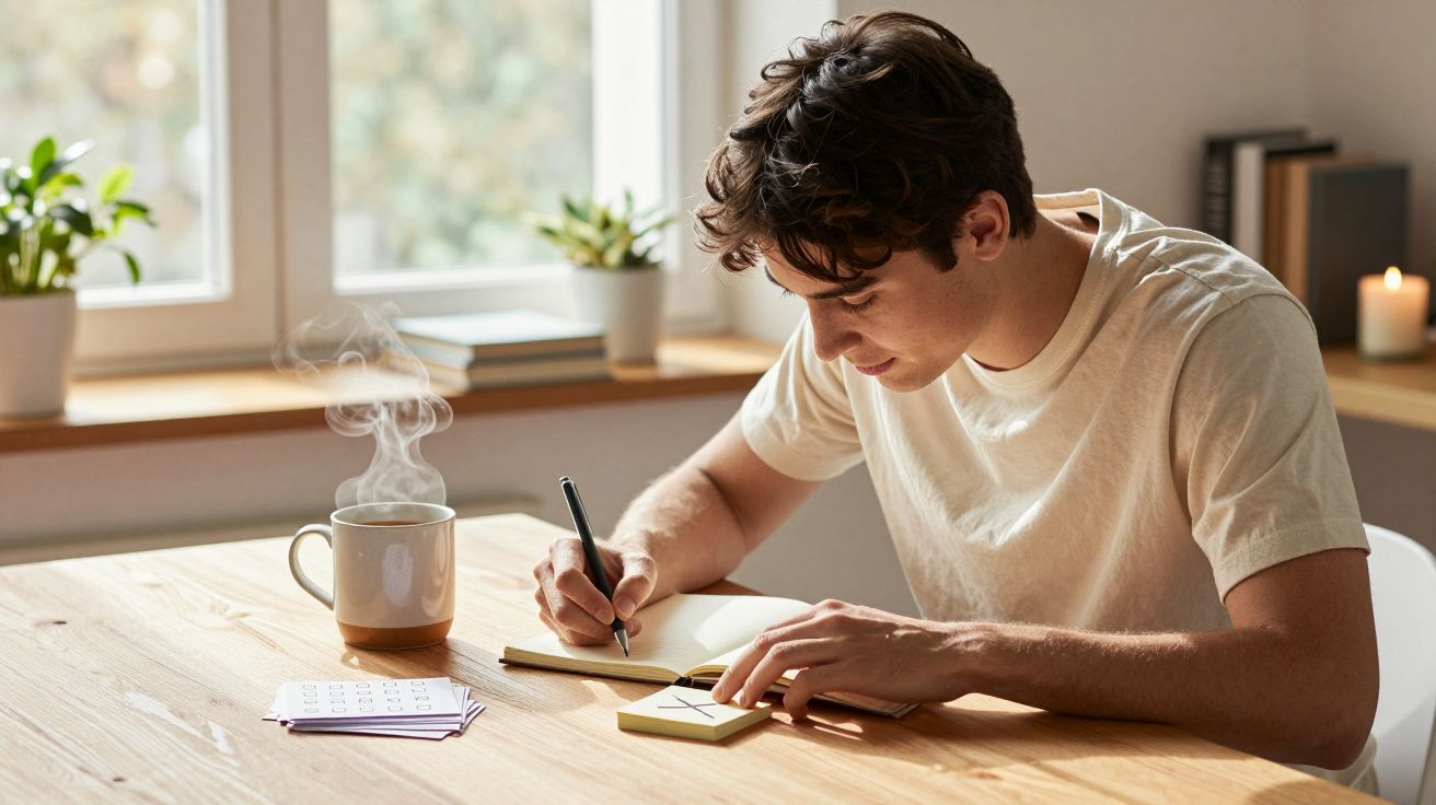 Jovem sentado a escrever num caderno com caneca de chá quente e notas numa mesa em ambiente luminoso.