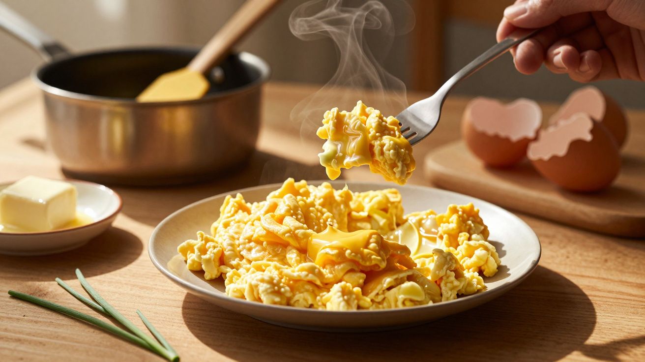 Ovos mexidos quentes num prato branco, com cascas de ovos e manteiga sobre a mesa de madeira.