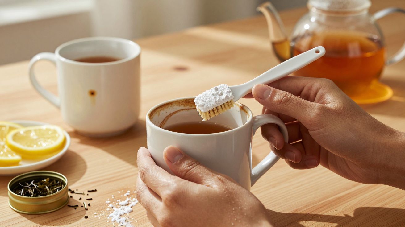 Pessoa a escovar a chávena de chá branca junto a limão, chás em folhas e bule sobre mesa de madeira clara.