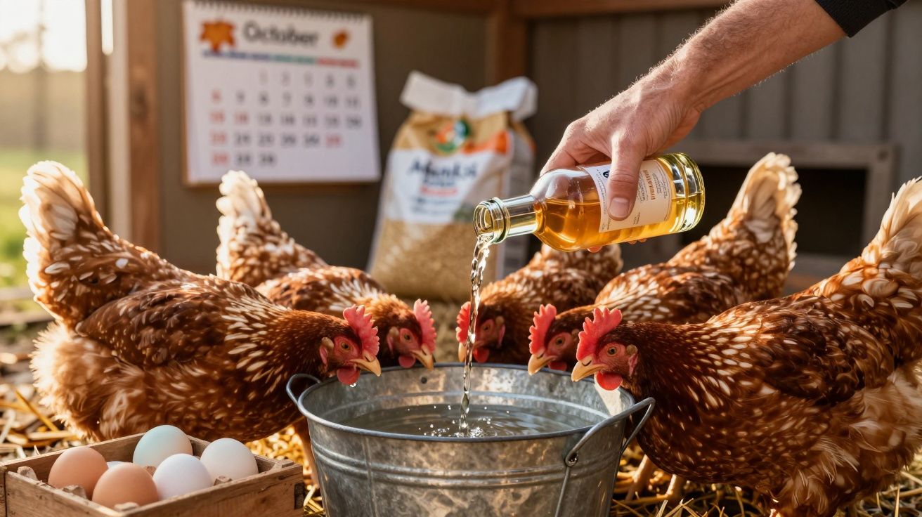 Mãos a dar líquido a galinhas castanhas que bebem água num balde metálico numa quinta com ovos e calendário ao fundo.