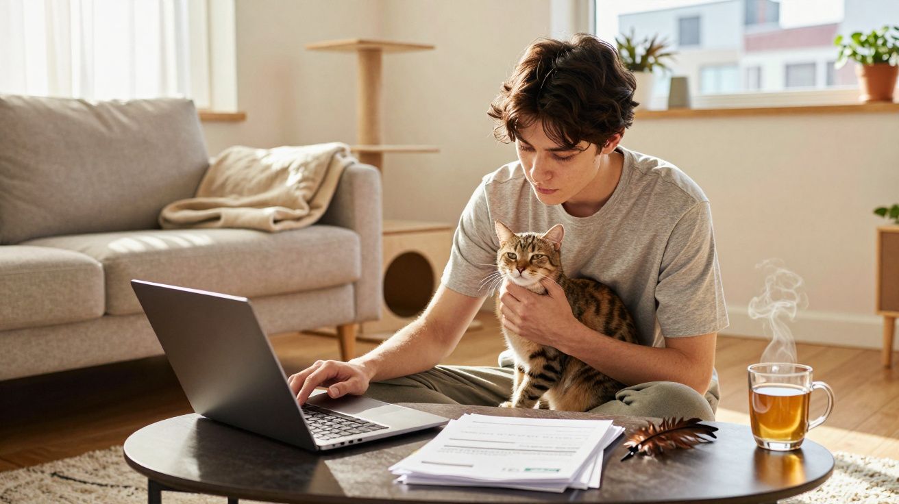 Jovem sentado no chão com gato ao colo, a trabalhar no portátil numa sala iluminada e acolhedora.