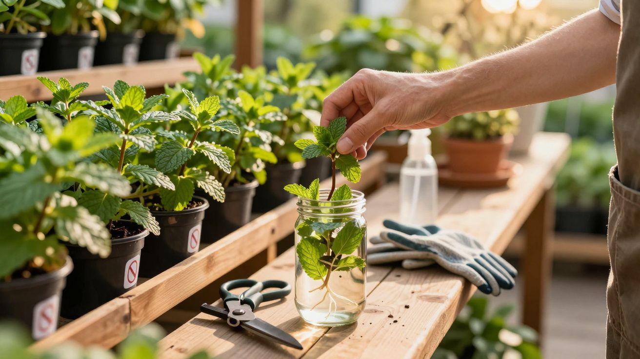 Pessoa a inserir ramo de planta com raízes em frasco de vidro numa estufa com várias plantas em vasos.
