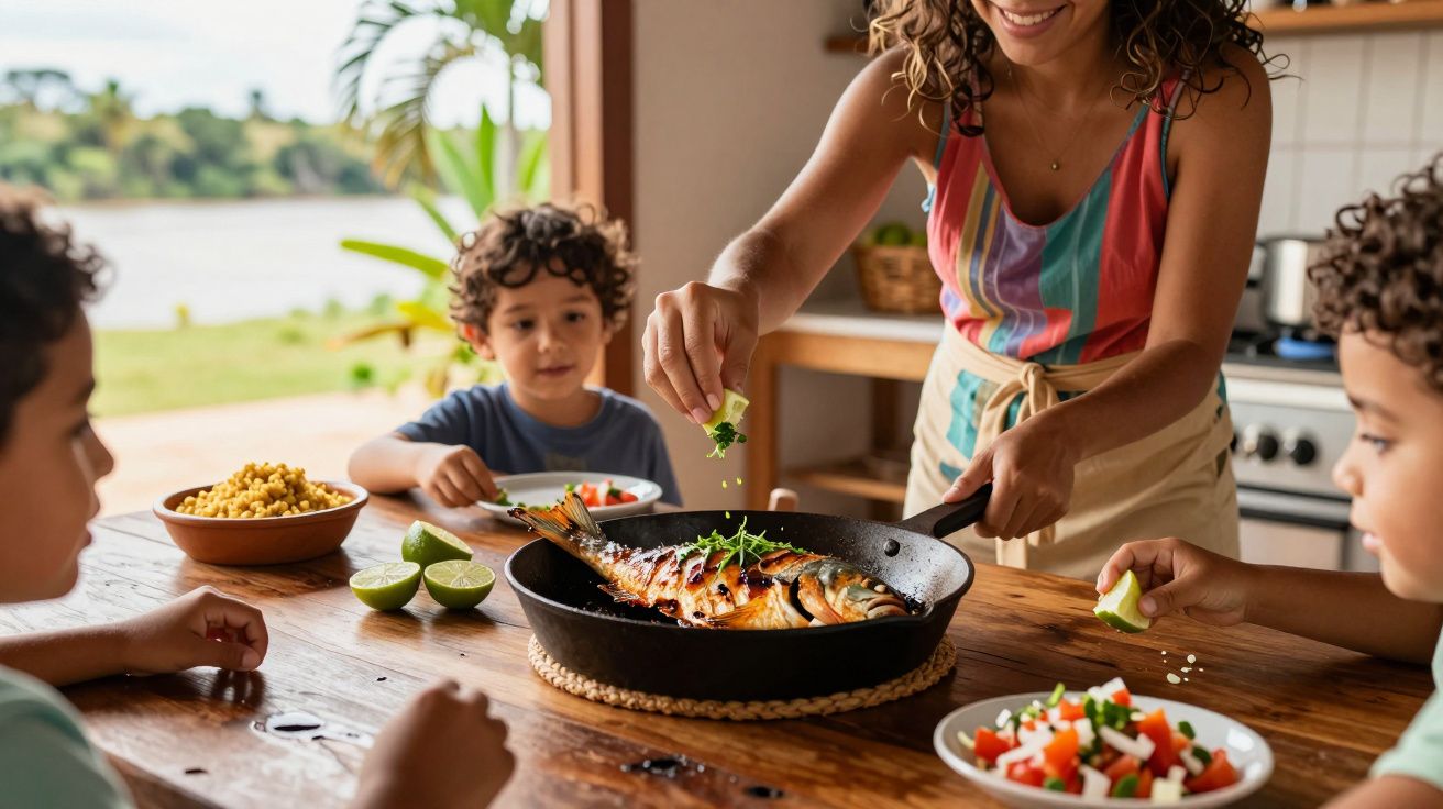 Mulher a temperar peixe grelhado numa frigideira enquanto três crianças esperam à mesa de madeira, com salada e limão.