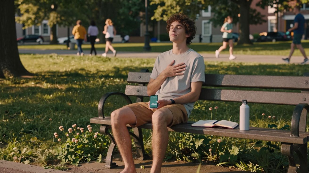 Jovem sentado num banco de parque com os olhos fechados, a fazer exercício de respiração profunda.
