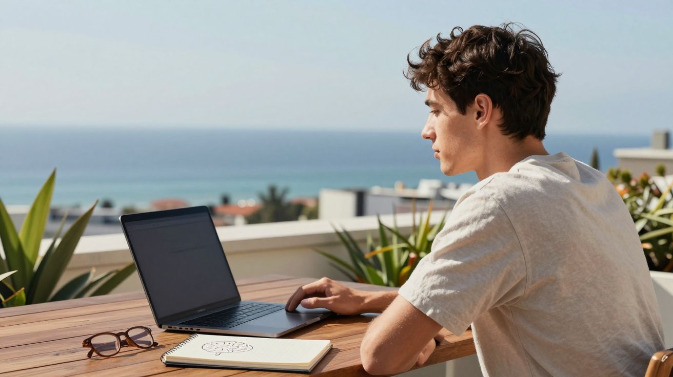 Jovem a trabalhar num portátil numa mesa exterior com vista para o mar e plantas ao redor.