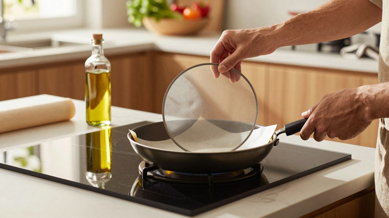 Pessoa a colocar uma tampa numa frigideira sobre um fogão a gás numa cozinha moderna.