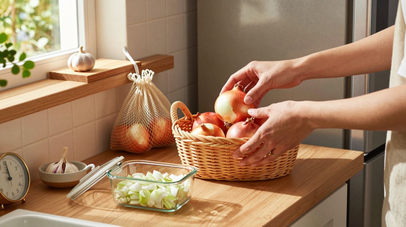 Mãos a colocar cebolas numa cesta de vime numa cozinha com legumes frescos e alho no balcão.