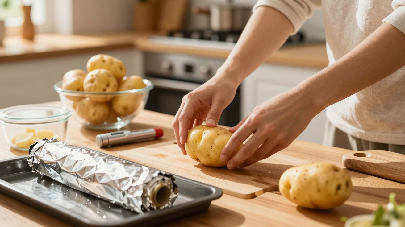 Pessoa a preparar batatas numa cozinha, com tabuleiro com papel de alumínio e vários utensílios.