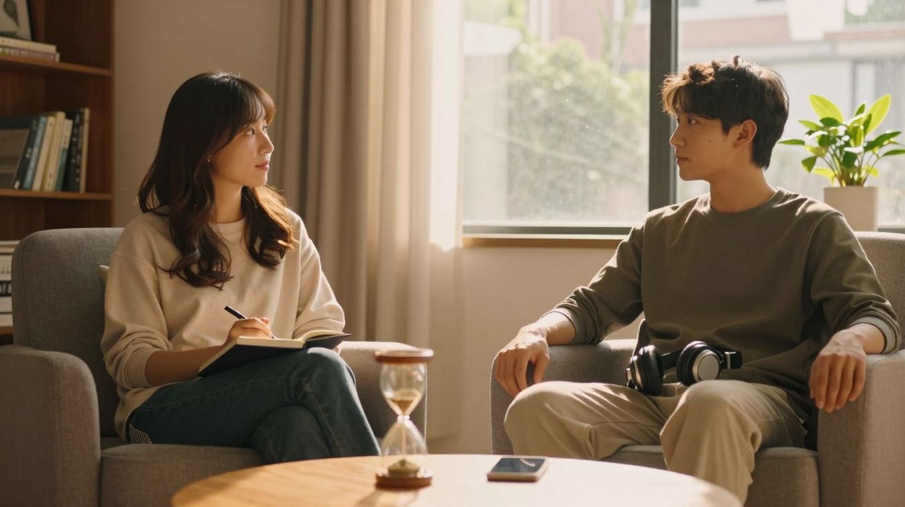 Duas pessoas sentadas em cadeiras, uma escreve em caderno e a outra ouve, com uma ampulheta e telemóvel numa mesa.