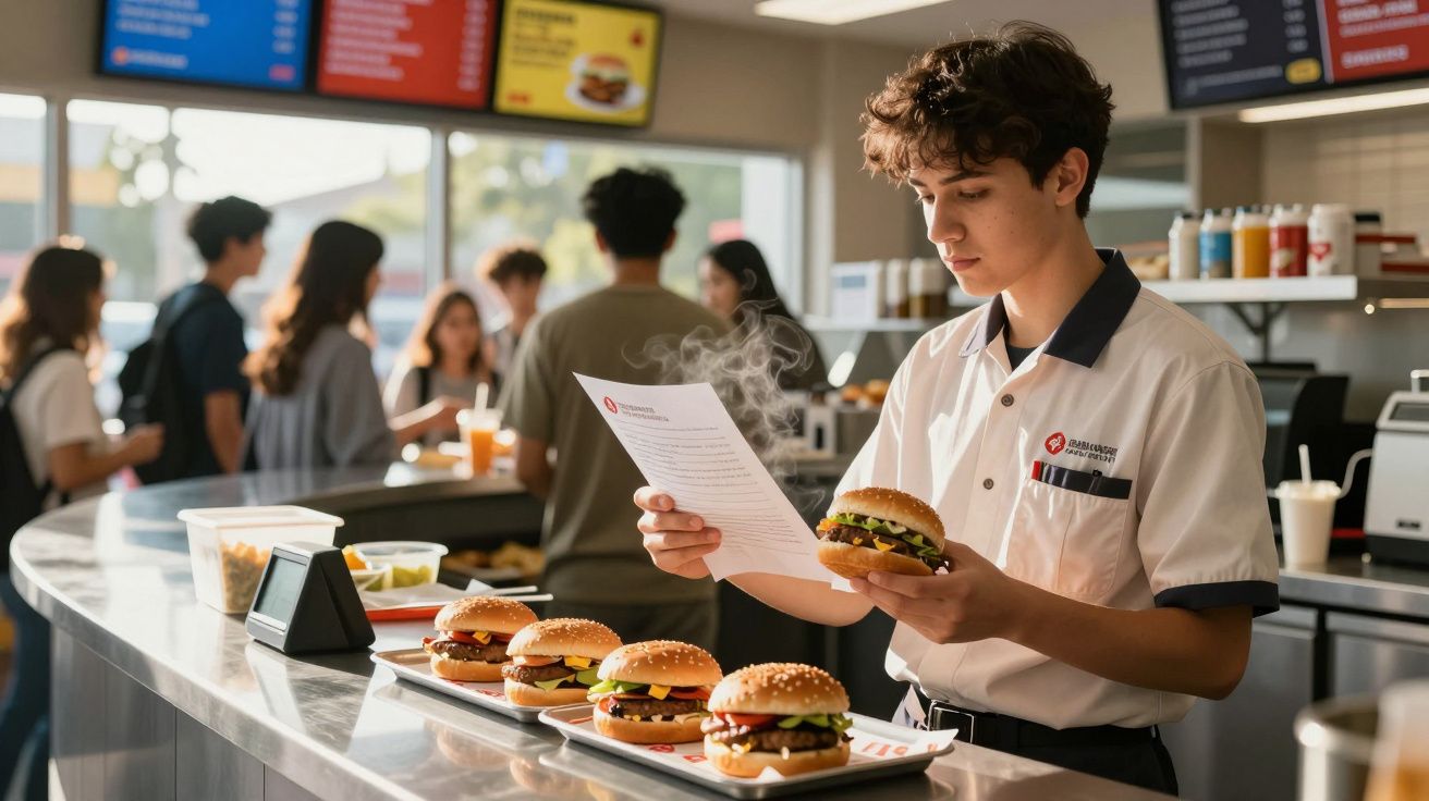 Jovem funcionário a preparar hambúrgueres numa hambúrgueria enquanto lê um menu impresso.