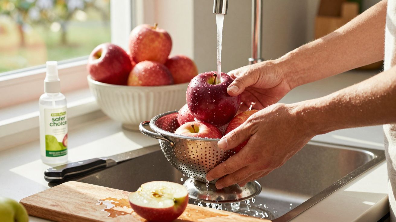 Pessoa a lavar maçãs vermelhas num escorredor metálico numa pia de cozinha iluminada.