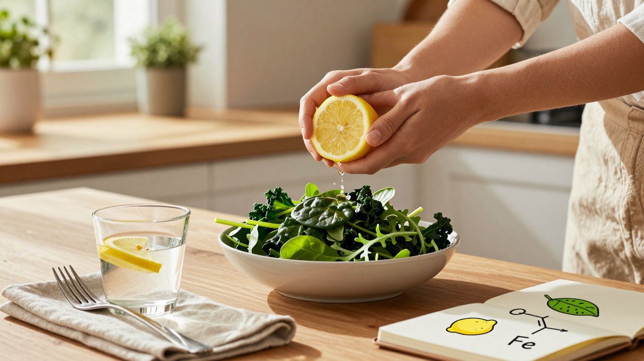 Pessoa a espremer limão numa salada verde fresca numa cozinha iluminada e moderna.