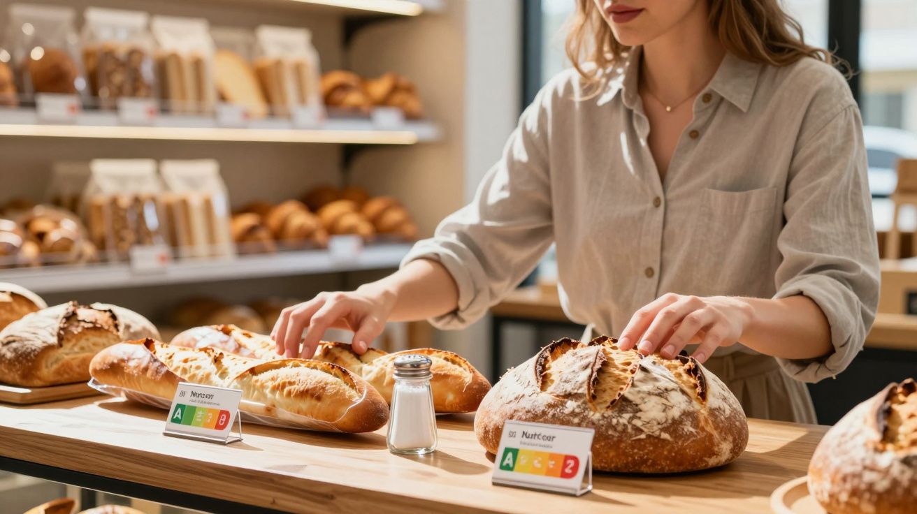 Mulher a organizar diferentes tipos de pães numa mesa numa padaria moderna com etiquetas de informação nutricional.