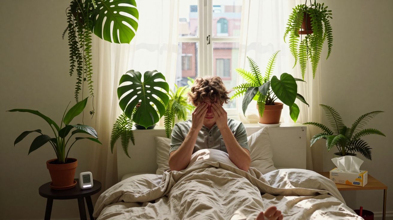Pessoa sentada na cama a esfregar os olhos, rodeada por plantas verdes junto a uma janela iluminada.