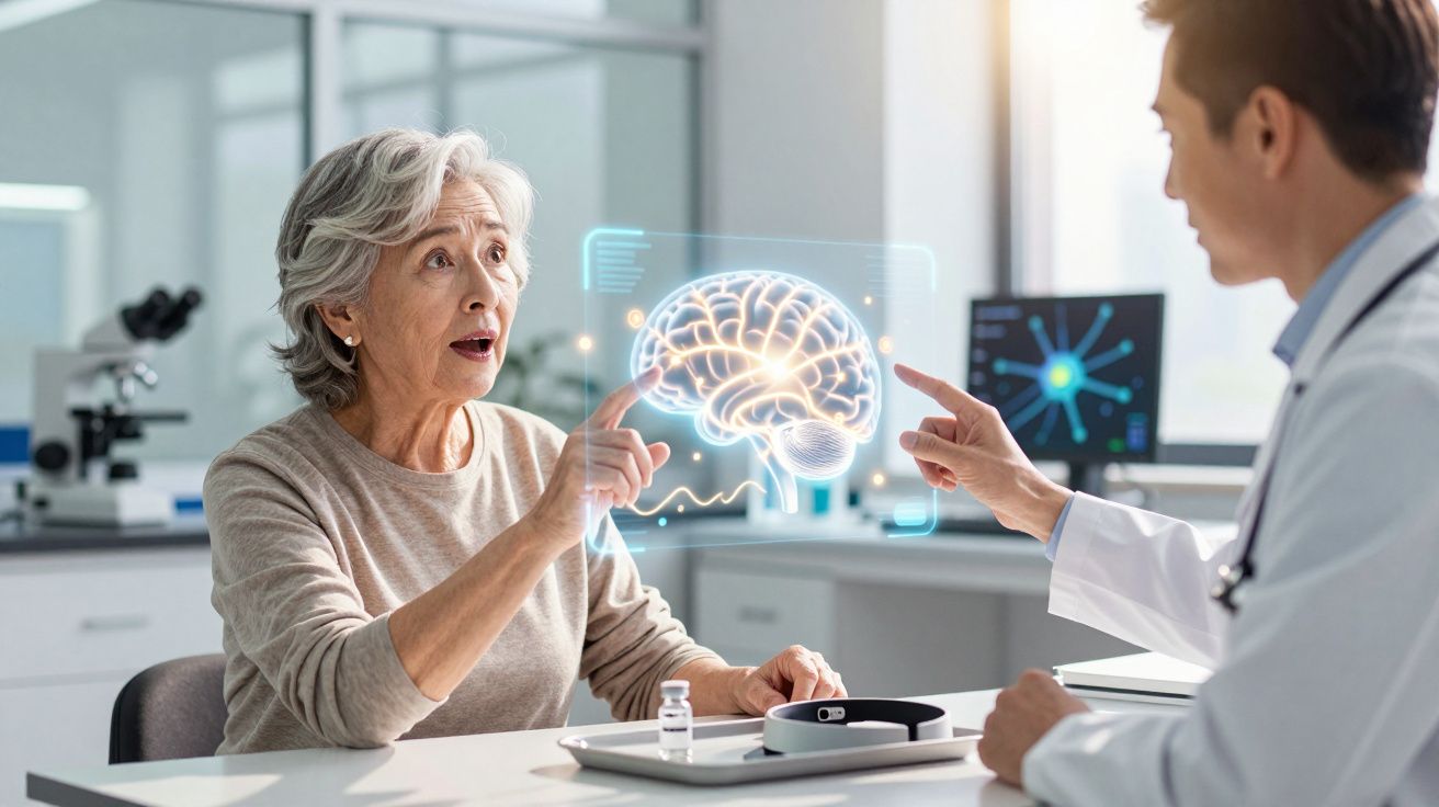 Senhora idosa e médico discutem imagem digital do cérebro numa consulta num laboratório moderno.