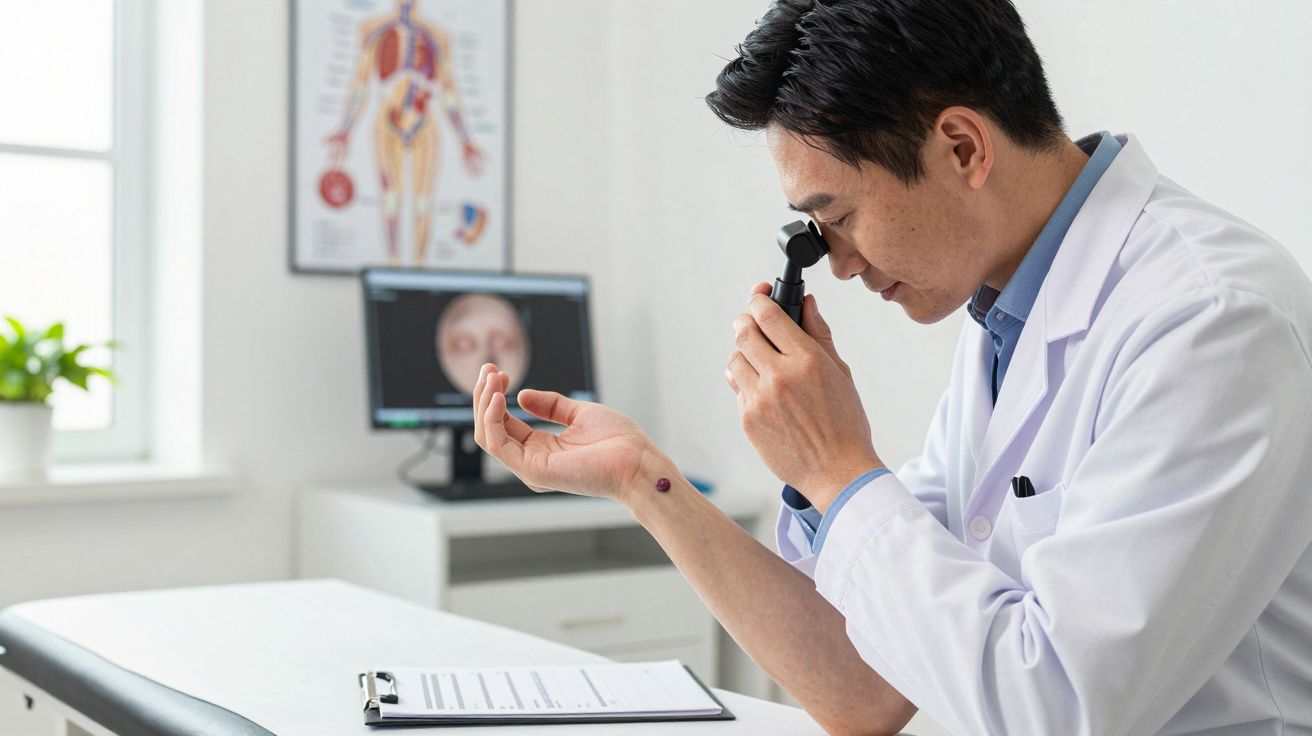 Médico dermatologista examina pintas no braço de paciente usando dermatoscópio numa consulta clínica.