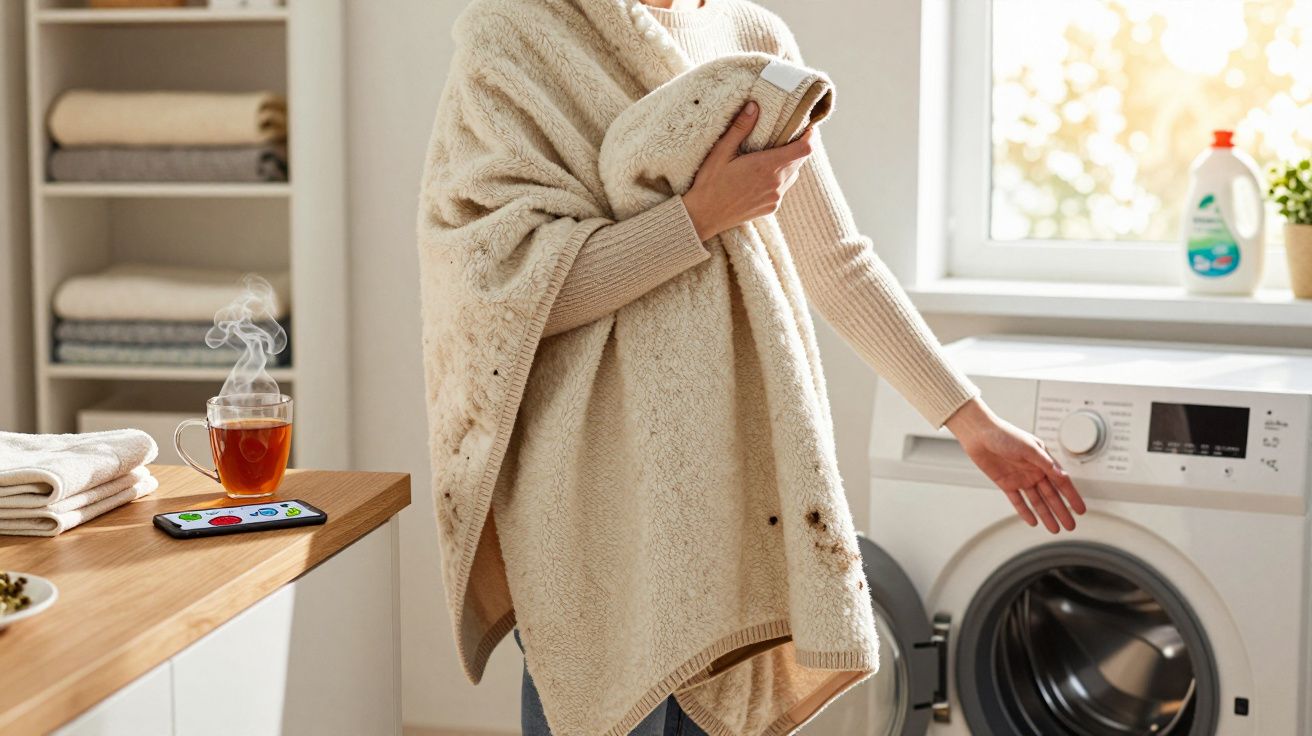 Pessoa a colocar uma manta suja na máquina de lavar roupa numa lavandaria doméstica iluminada.