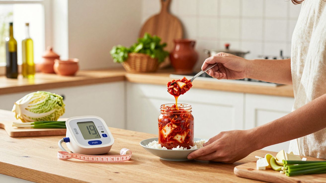 Pessoa servindo kimchi num frasco com arroz, e medidor de pressão arterial sobre a mesa de cozinha.