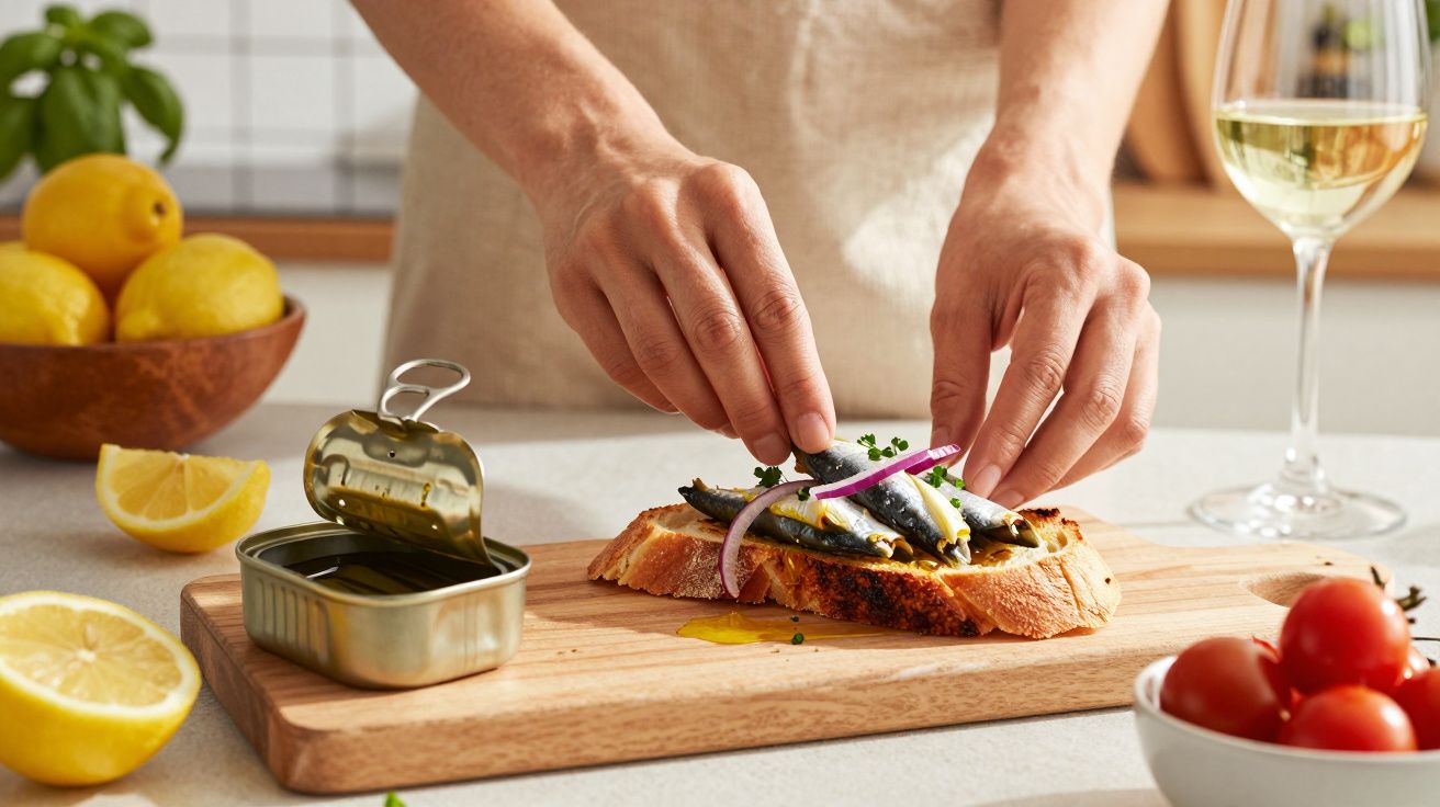 Pessoa a preparar tosta com sardinhas, cebola roxa e ervas, num ambiente de cozinha iluminada, com limões e tomate cherry.