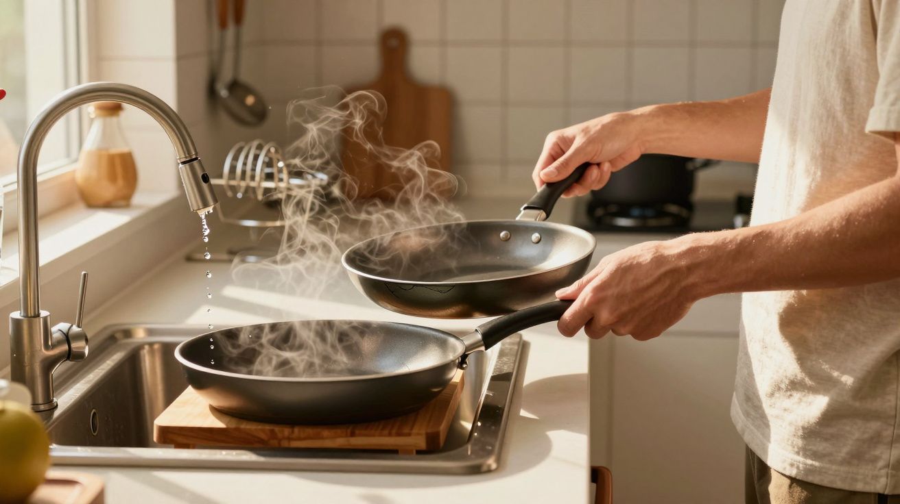 Pessoa a preparar duas frigideiras com vapor numa cozinha moderna e luminosa.