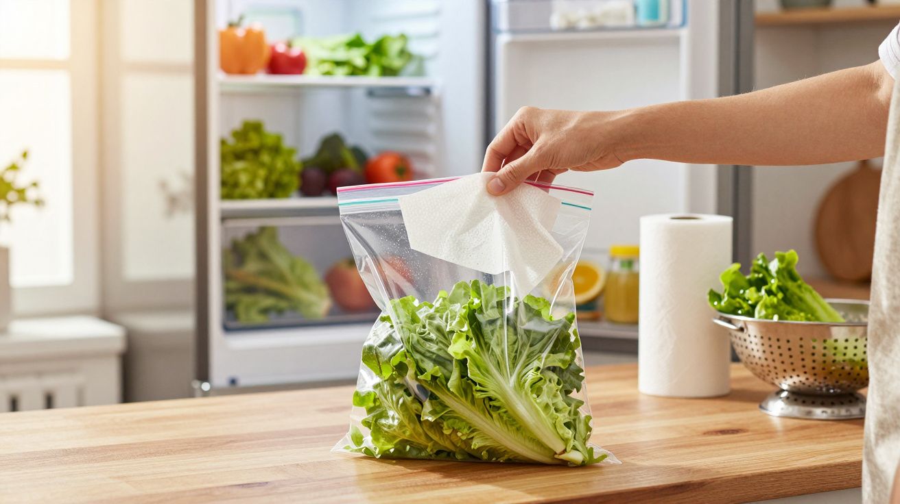 Mão a colocar papel absorvente num saco plástico com alface numa cozinha com frigorífico aberto ao fundo.