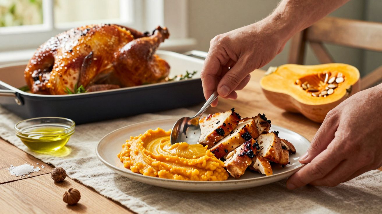 Prato com puré de abóbora e fatias de frango grelhado, ao lado de um frango assado e metade de abóbora.