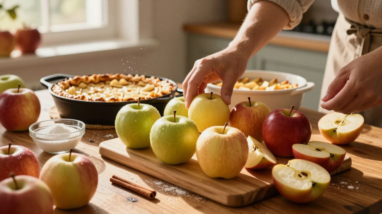 Mãos a preparar maçãs para uma tarte caseira, com maçãs variadas e ingredientes numa cozinha iluminada.