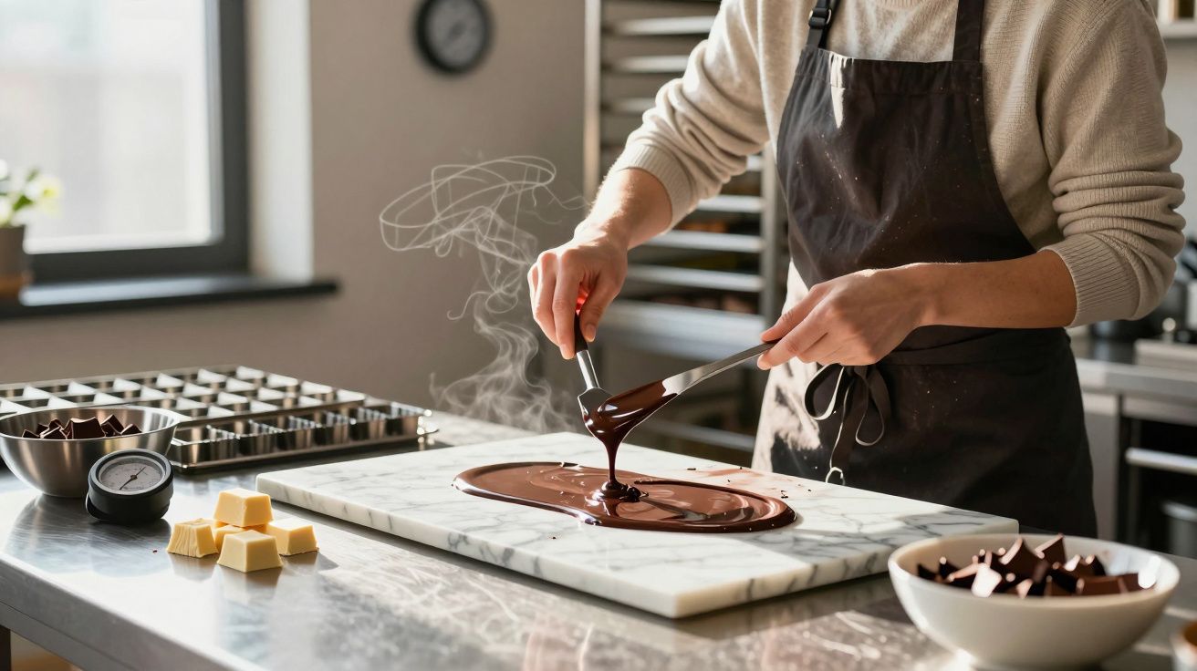 Pessoa a temperar chocolate numa bancada de cozinha com utensílios e ingredientes por perto.