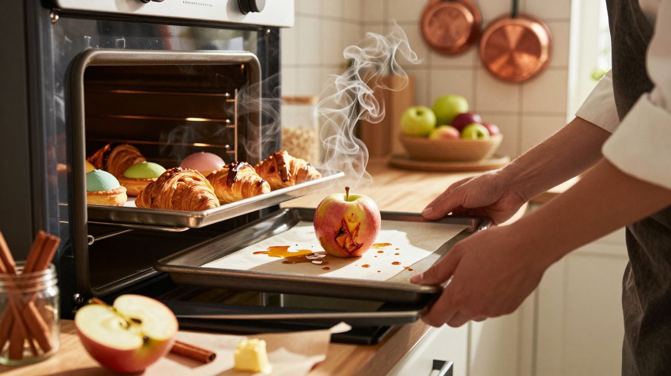 Pessoa a colocar maçã fumegante e croissants num forno numa cozinha iluminada e acolhedora.