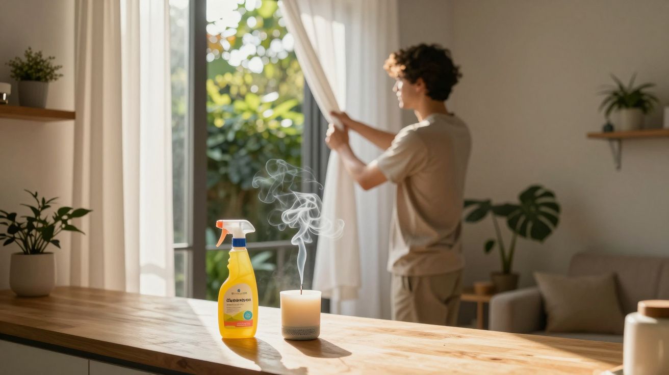 Garoto abre cortinas numa sala iluminada, com vela apagada e spray de limpeza numa mesa de madeira.
