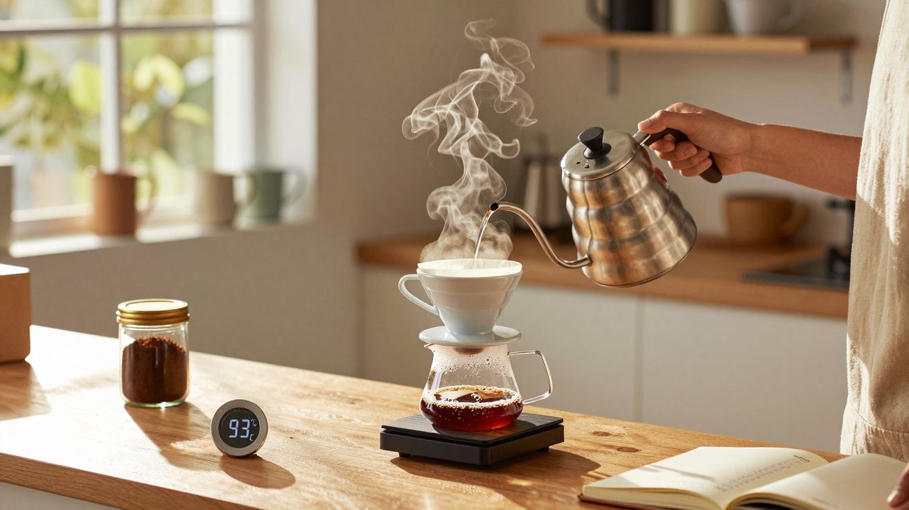Pessoa a preparar café de filtro com chaleira em cozinha luminosa, vê-se vapor e termómetro a indicar 93°C.