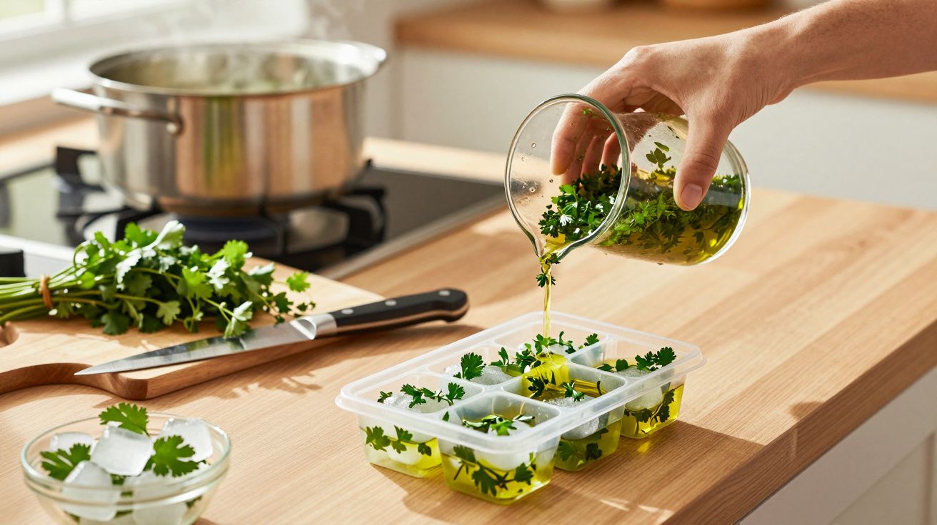 Pessoa a verter azeite com ervas num tabuleiro de cubos de gelo, ao lado de uma tábua com salsa e faca numa cozinha.