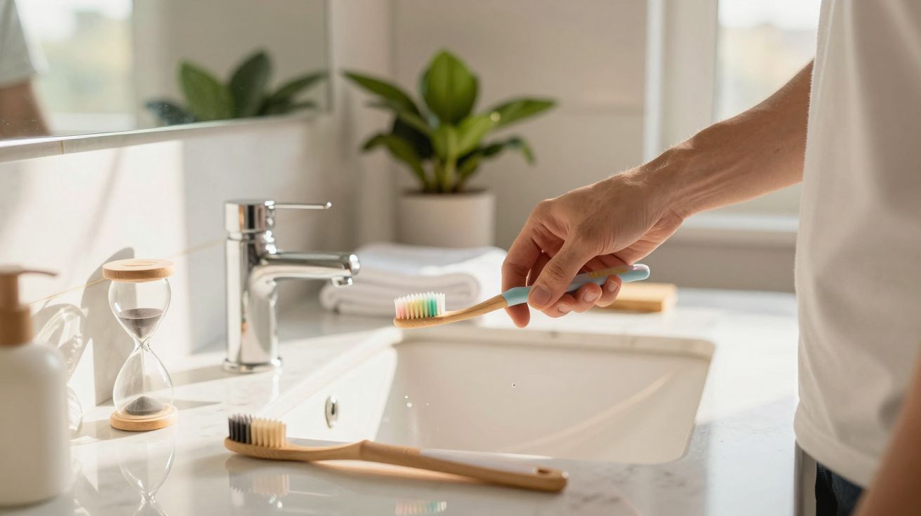 Mãos seguram escova de dentes junto a pia moderna com outra escova, ampulheta e planta no lavabo.