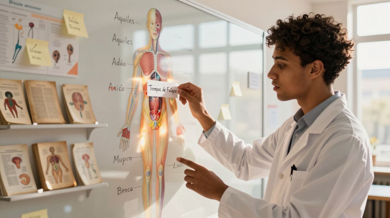 Estudante em bata blanca assinala e aprende sobre anatomia humana num quadro transparente interativo.