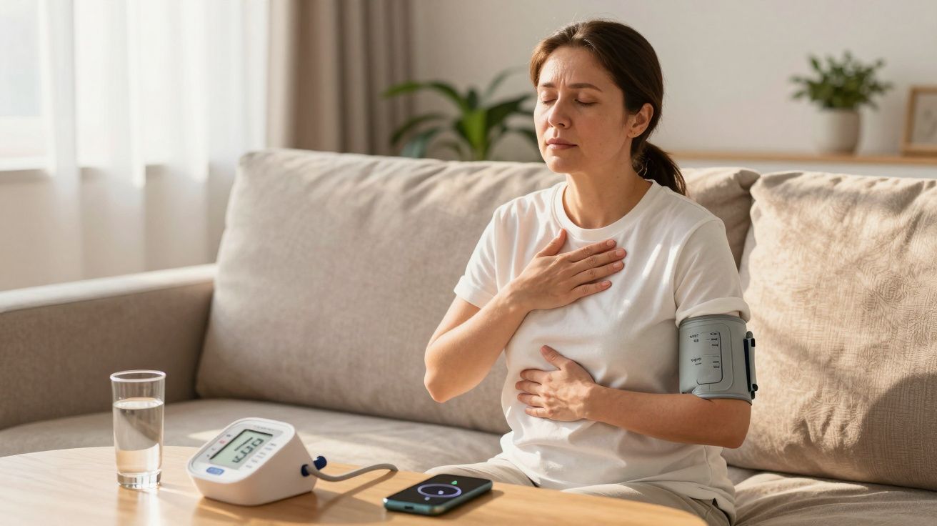 Mulher sentada no sofá com monitor de pressão, mãos no peito, aparentando desconforto ou dor.