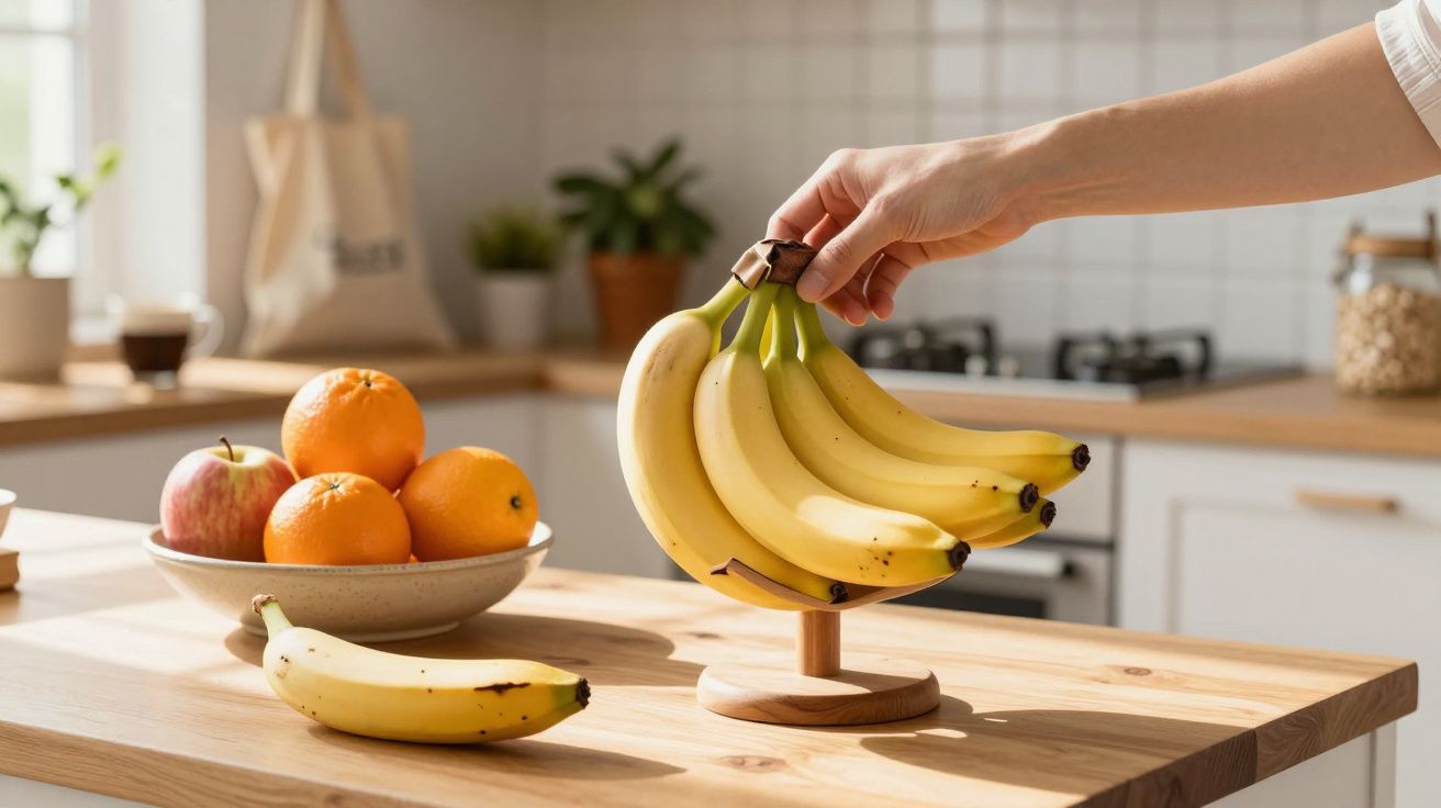 Mão a segurar cacho de bananas enquanto outra descansa sobre mesa de madeira com tigela de frutas variadas.