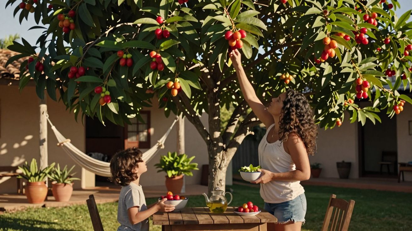 Mulher e criança apanham frutos vermelhos de uma árvore no jardim junto a uma mesa com cestos de salada.