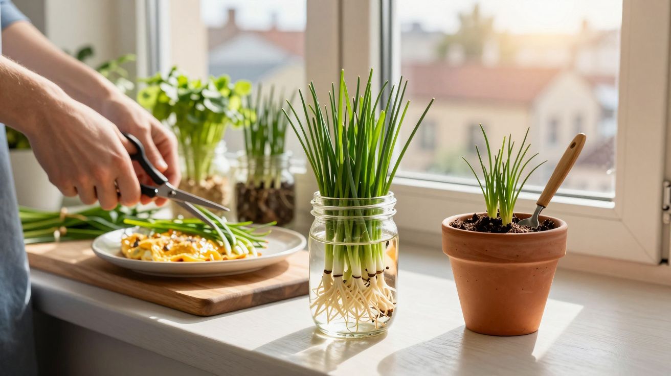Pessoa a cortar cebolinho fresco numa cozinha luminosa com plantas na janela durante o dia.