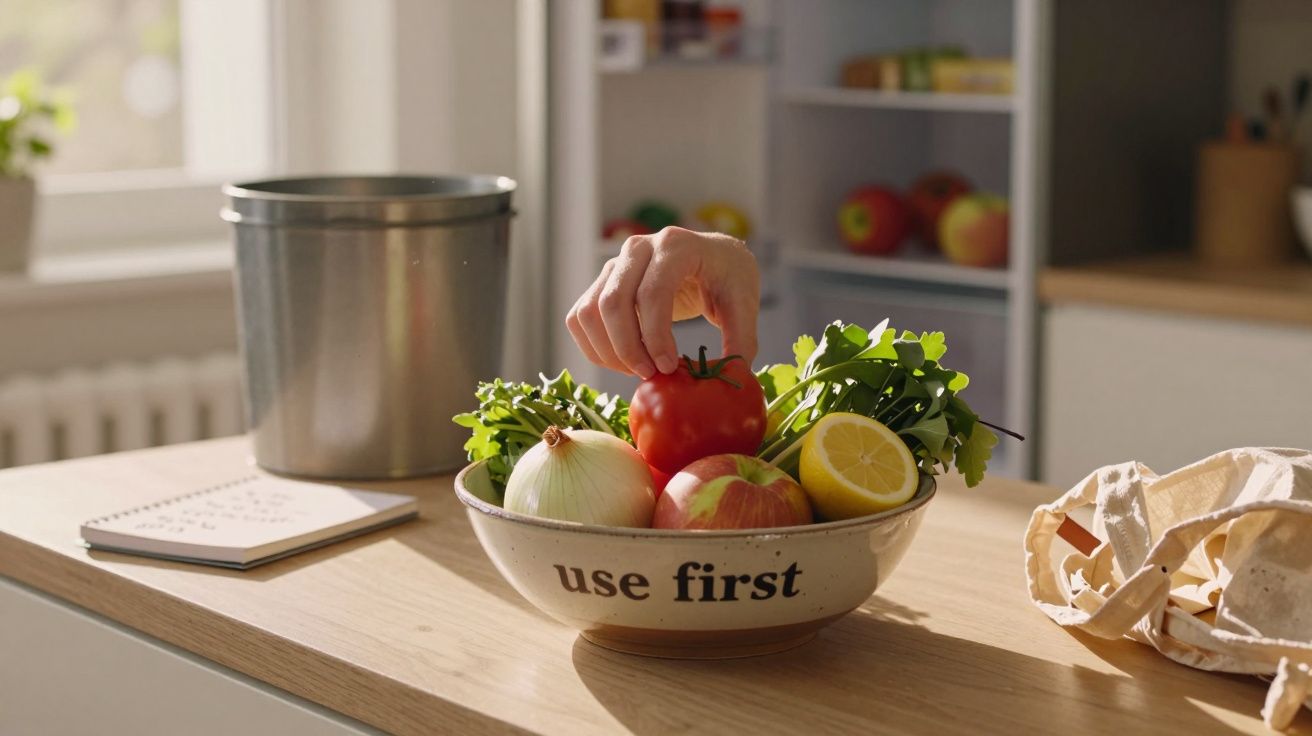 Cesta com legumes e frutas frescas numa cozinha, mão a pegar tomate, jarro metálico e bloco de notas na bancada.