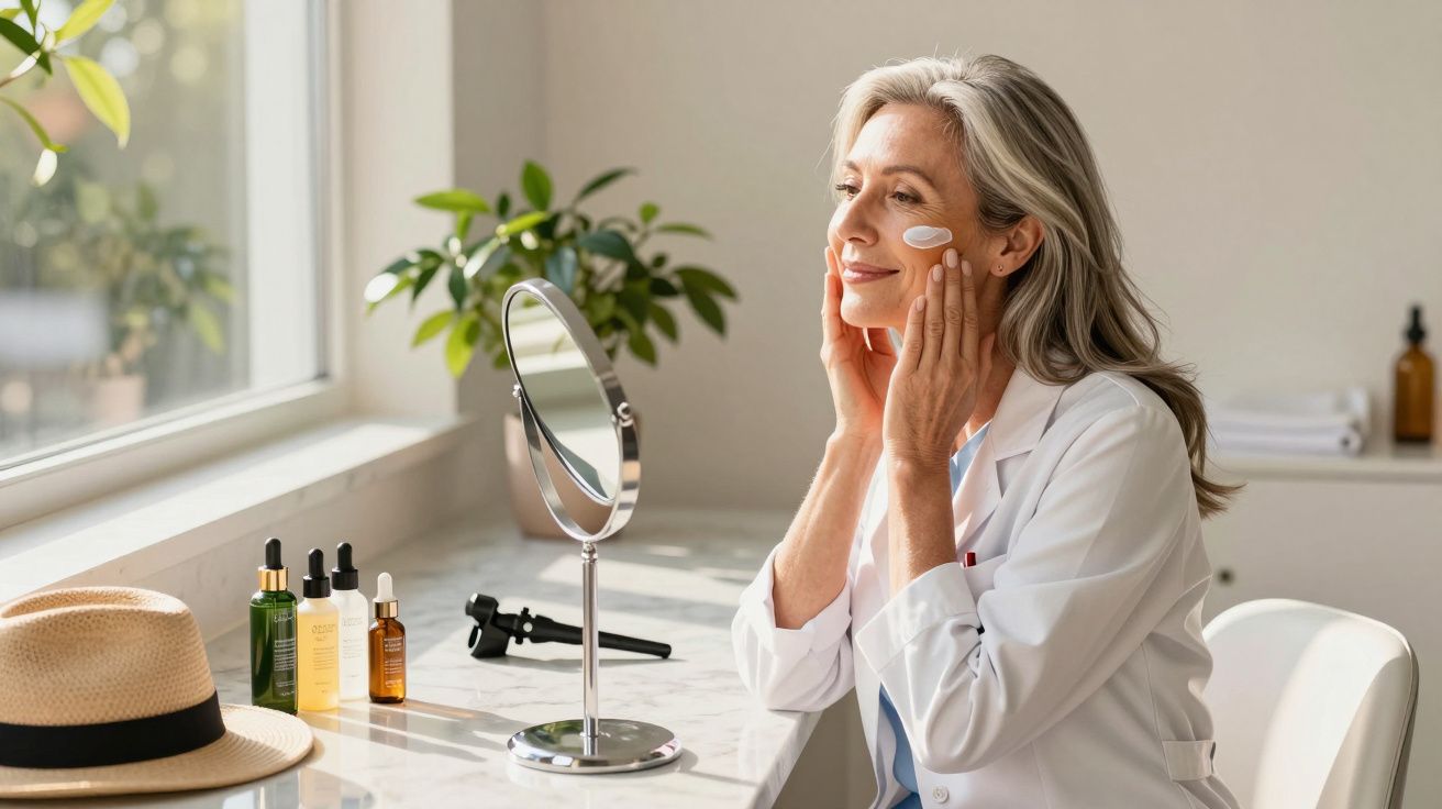 Mulher madura aplica creme no rosto sentada à mesa com espelho e produtos de beleza junto à janela.